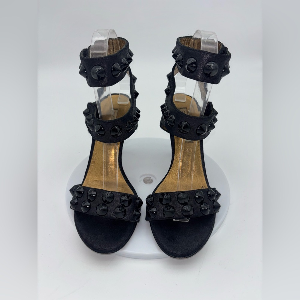 CYNTHIA VINCENT Black Strappy Heel Shoe Studded Hook Loop Sexy Ankle Wedding 6.5 - Picture 3 of 10
